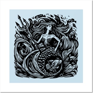 Woodcut Mermaid Posters and Art